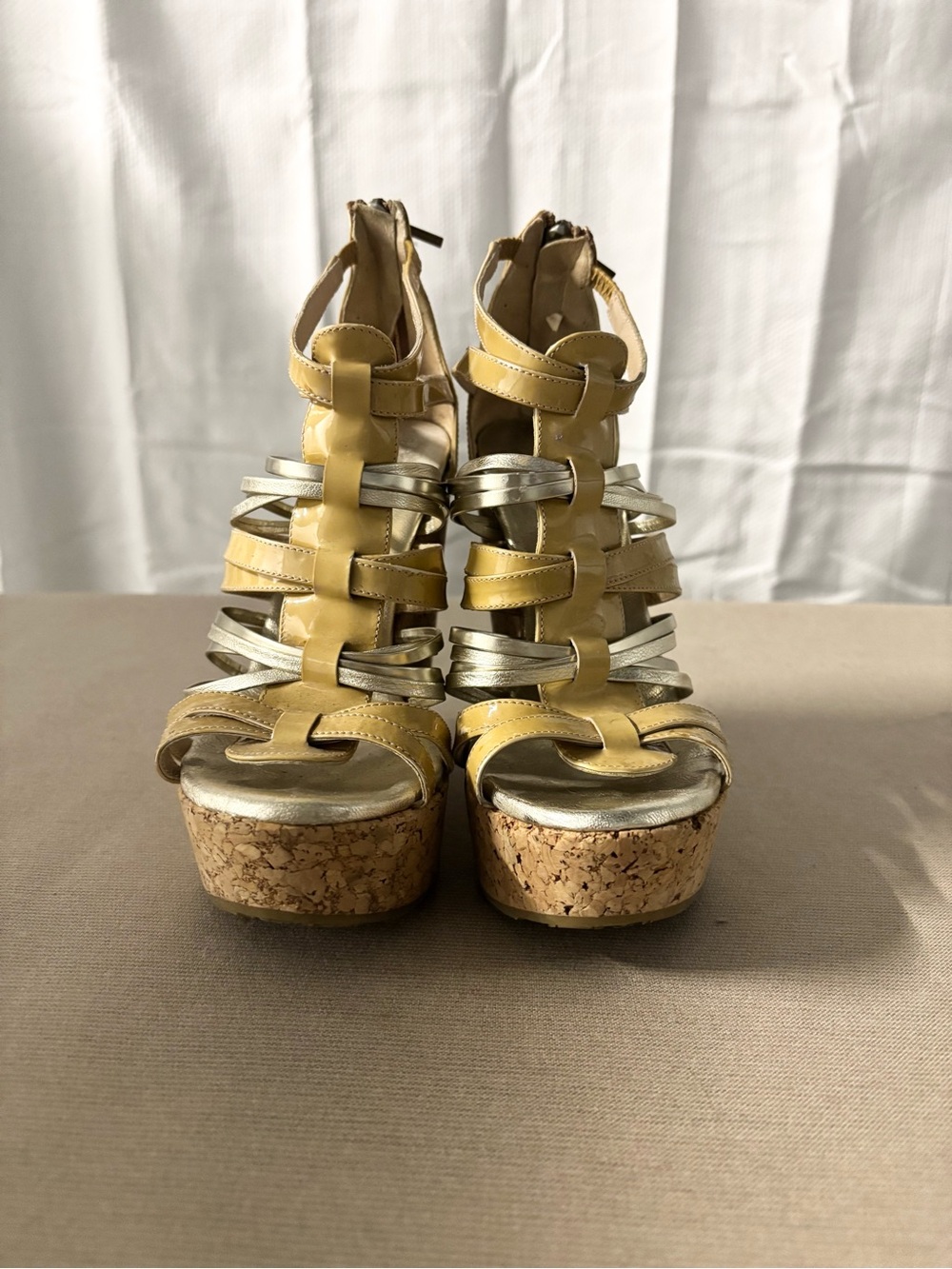 Jimmy Choo “Papina” Cork Wedge Strappy Sandal | Nude & Gold | Size 36.5 (US 6.5)